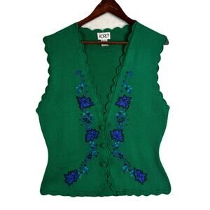 KORET Vintage Green Knit Sweater Vest w/Blue Embroidered Flowers Womens Size M